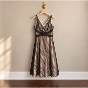 Eliza J New York Metallic Bronze Black Mesh Beaded Empire Waist Dress 10